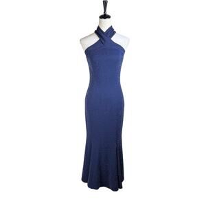Tahari ASL Navy Sparkle Crossover Halter Slim Maxi Formal Cocktail Dress Gown